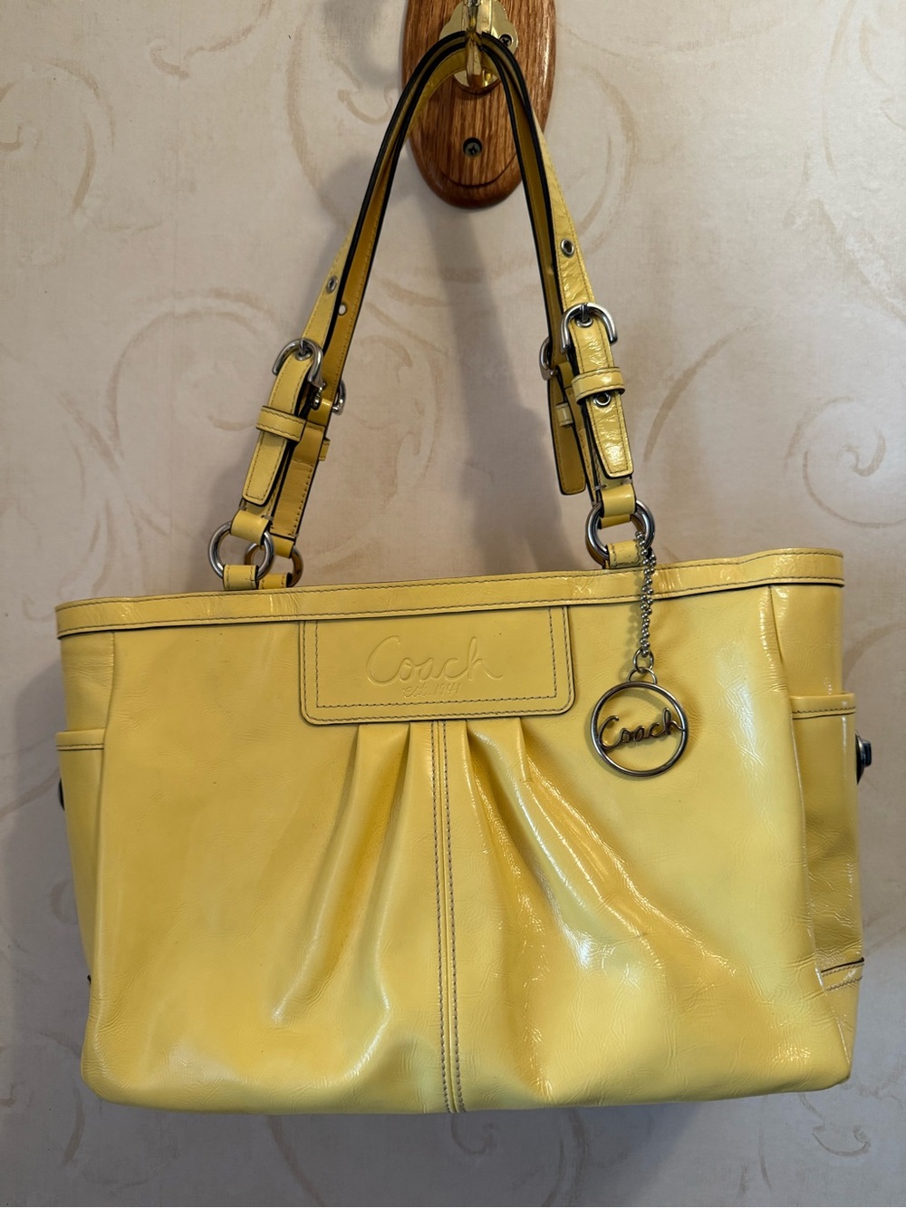Coach Yellow Leather Shoulder Tote with Logo Charm